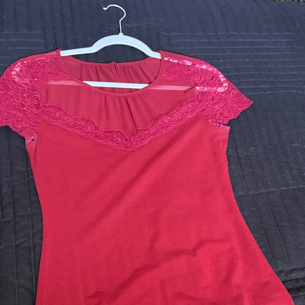 Express Maroon Scarlet Lace Accent Blouse